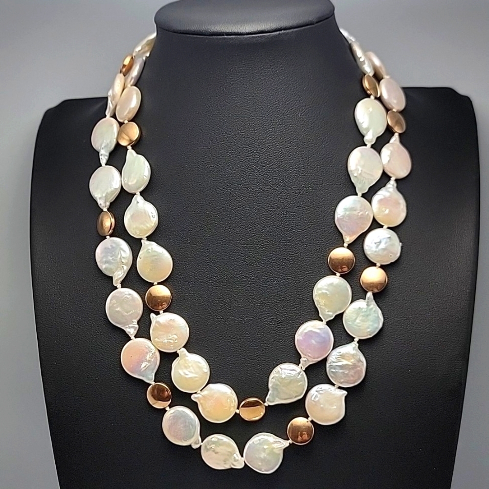 Lucas Lameth Fresh Water Coin Pearls 34" High Luster Gold  925 Sterling Necklace - Picture 5 of 9
